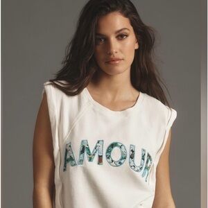 Anthropologie White Sleeveless Top with Blue Lettering